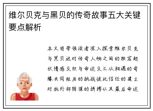 维尔贝克与黑贝的传奇故事五大关键要点解析