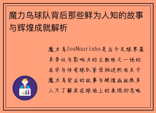 魔力鸟球队背后那些鲜为人知的故事与辉煌成就解析 魔力鸟球队背后那些鲜为人知的故事与辉煌成就解析