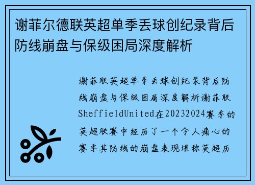 谢菲尔德联英超单季丢球创纪录背后防线崩盘与保级困局深度解析