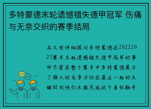 多特蒙德末轮遗憾错失德甲冠军 伤痛与无奈交织的赛季结局