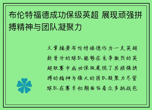 布伦特福德成功保级英超 展现顽强拼搏精神与团队凝聚力
