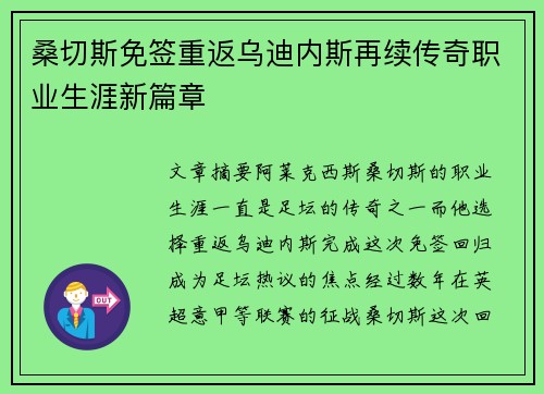 桑切斯免签重返乌迪内斯再续传奇职业生涯新篇章