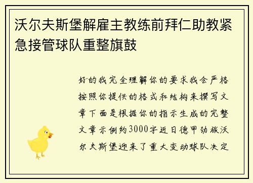 沃尔夫斯堡解雇主教练前拜仁助教紧急接管球队重整旗鼓