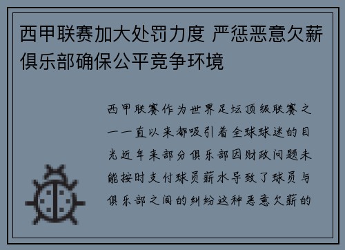 西甲联赛加大处罚力度 严惩恶意欠薪俱乐部确保公平竞争环境 西甲联赛加大处罚力度 严惩恶意欠薪俱乐部确保公平竞争环境