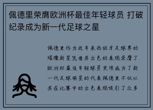 佩德里荣膺欧洲杯最佳年轻球员 打破纪录成为新一代足球之星